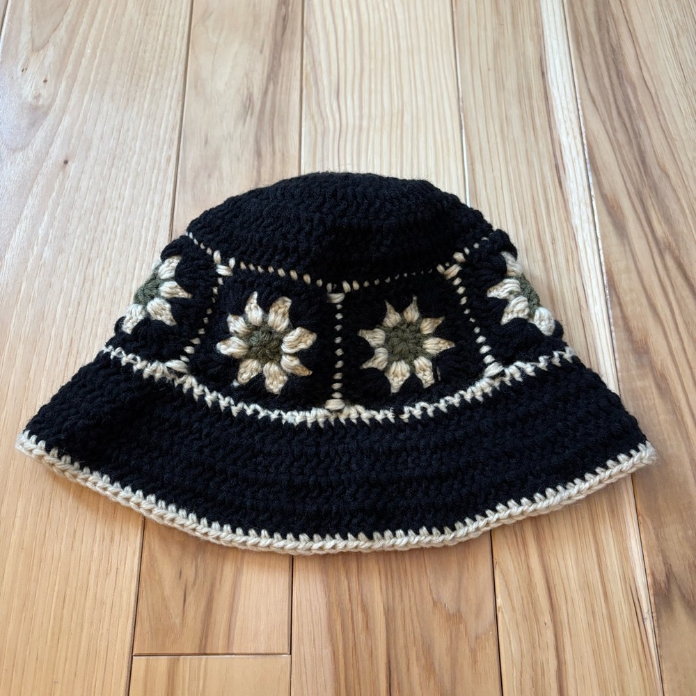 Boho Handmade Crochet Black Floral Accent Bucket Hat